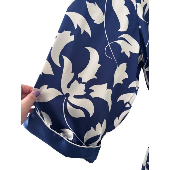Vintage Gold Label Victorias Secret Navy White Floral Satin Robe With Belt Women - Picture 9 of 14